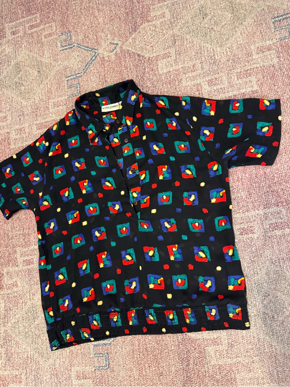 Alfred Dunner #1980s button down geometric ruched waist short sleeve blouse sz 8